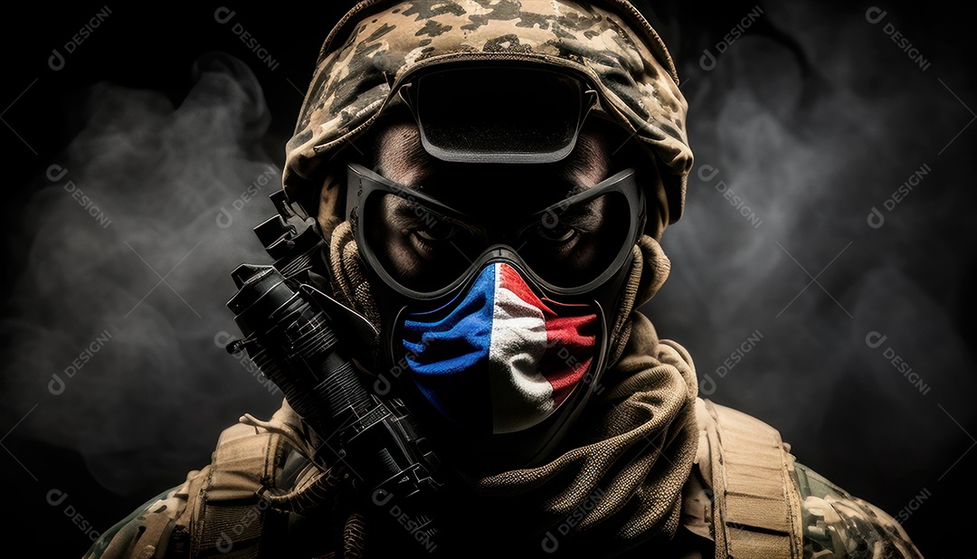 Jovem soldado usando máscara.