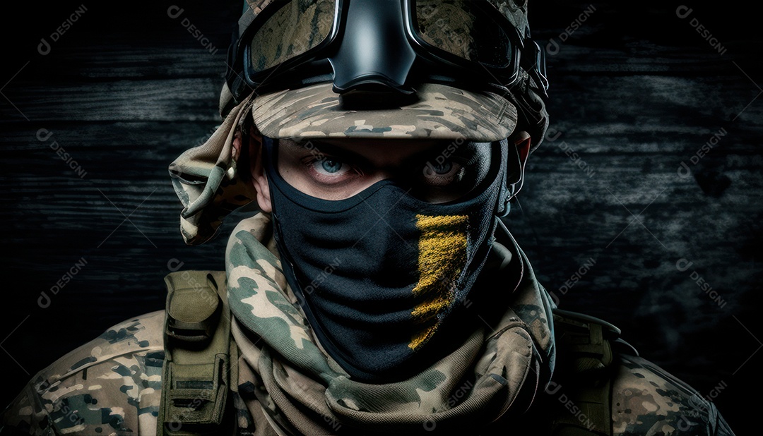 Jovem soldado usando máscara.