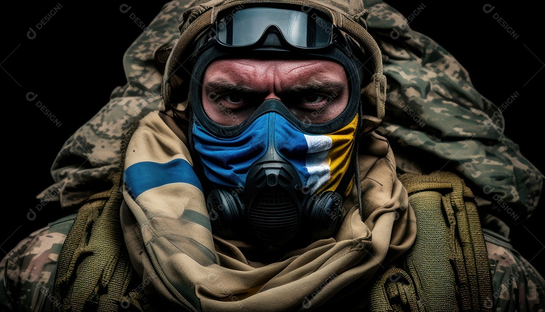 Jovem soldado usando máscara.