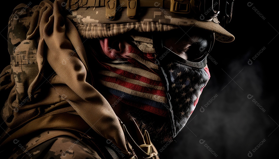 Jovem soldado usando máscara.