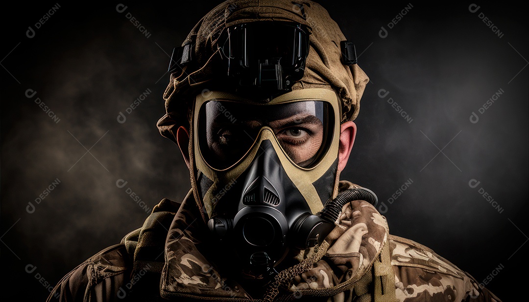 Jovem soldado usando máscara.