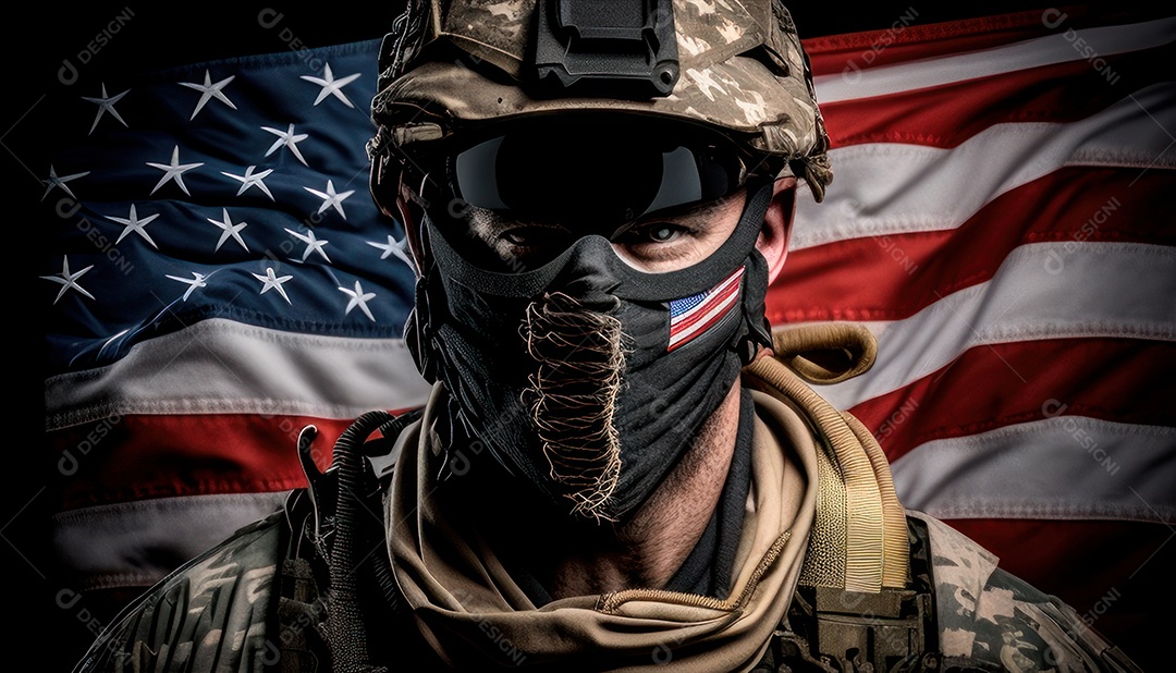 Jovem soldado usando máscara.