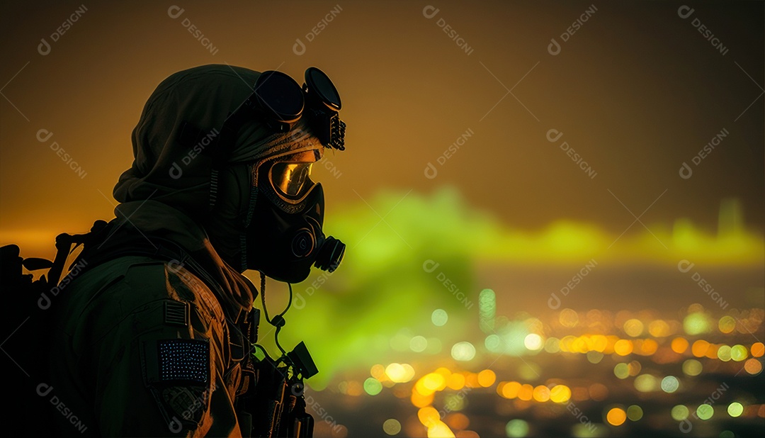 Jovem soldado usando máscara.