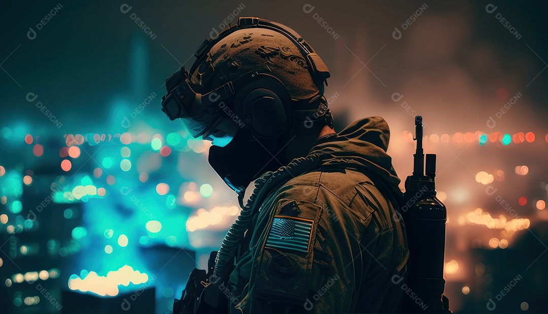 Jovem soldado usando máscara.