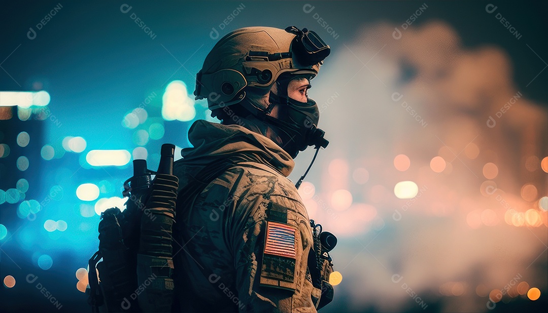 Jovem soldado usando máscara.