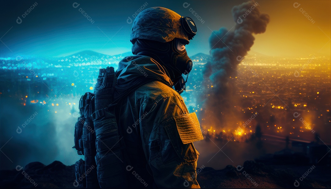 Jovem soldado usando máscara.