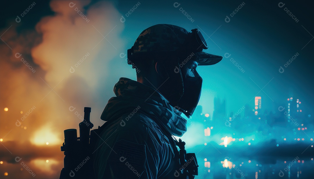 Jovem soldado usando máscara.