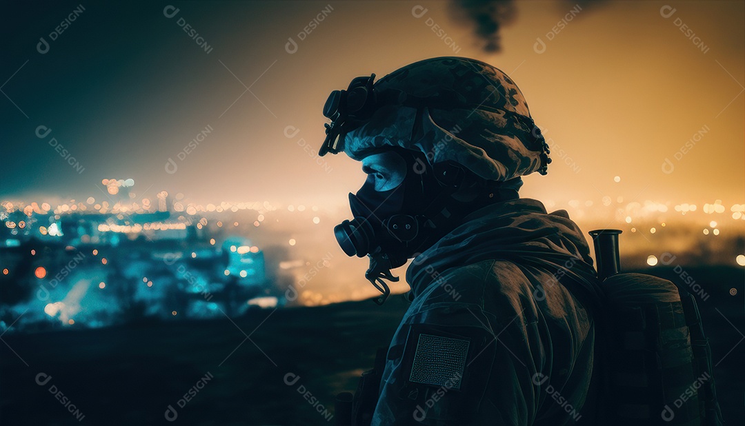 Jovem soldado usando máscara.