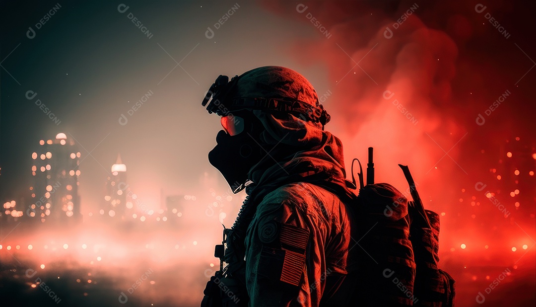 Jovem soldado usando máscara.