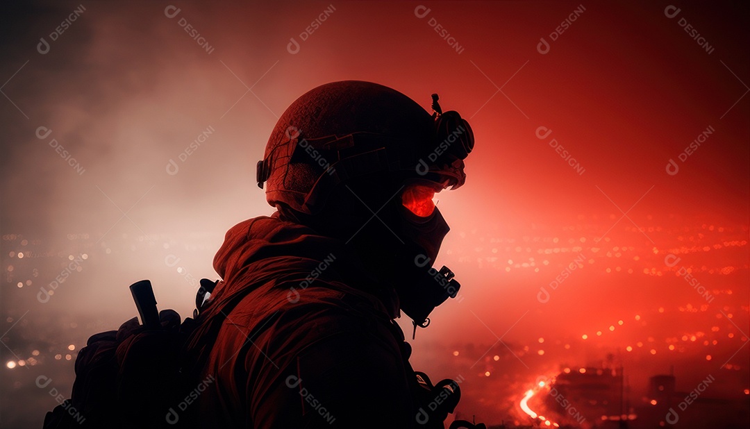 Jovem soldado usando máscara.