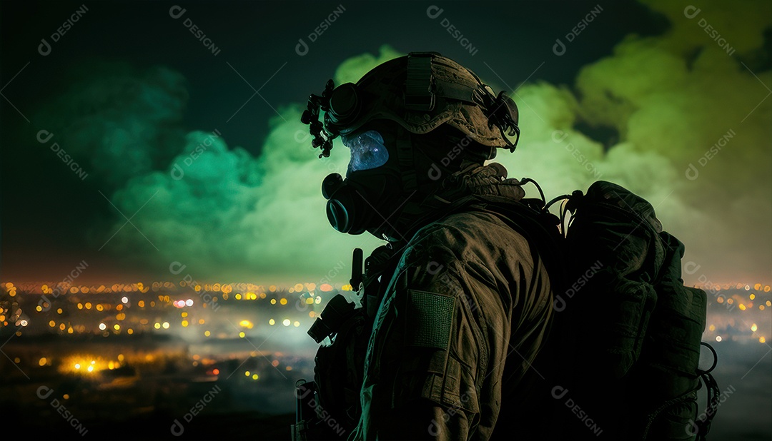 Jovem soldado usando máscara.