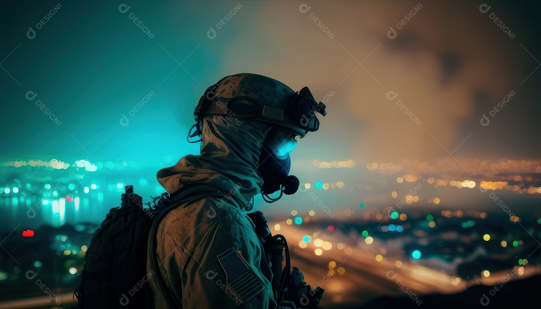 Jovem soldado usando máscara.