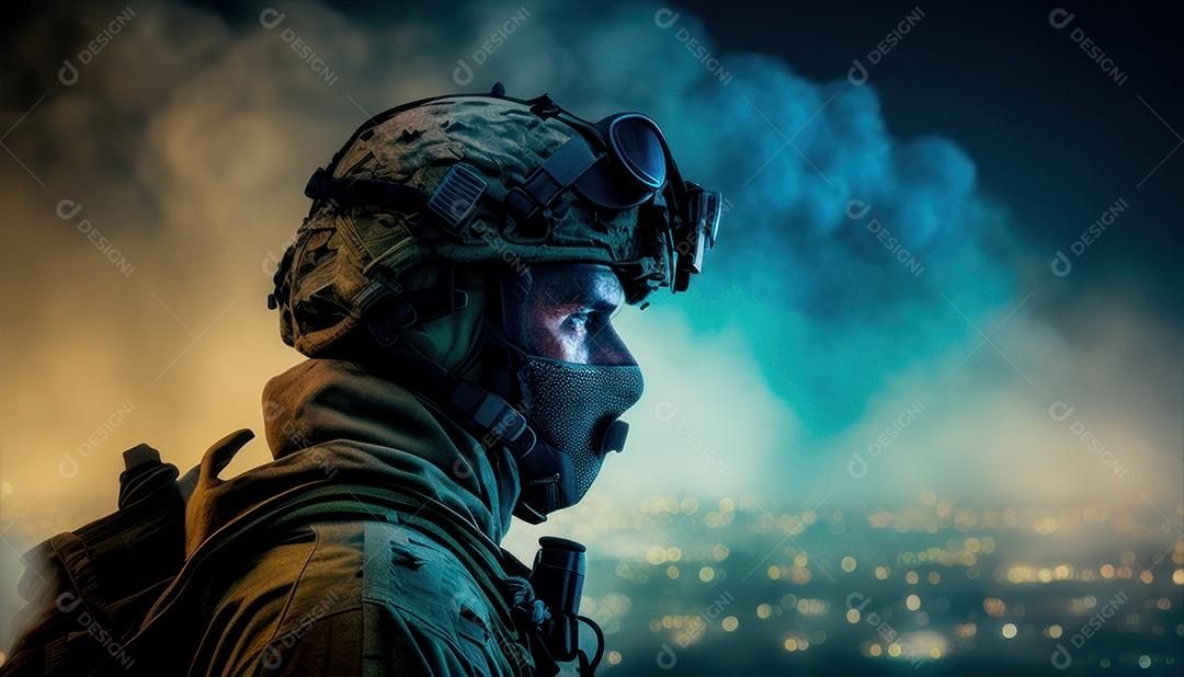 Jovem soldado usando máscara.