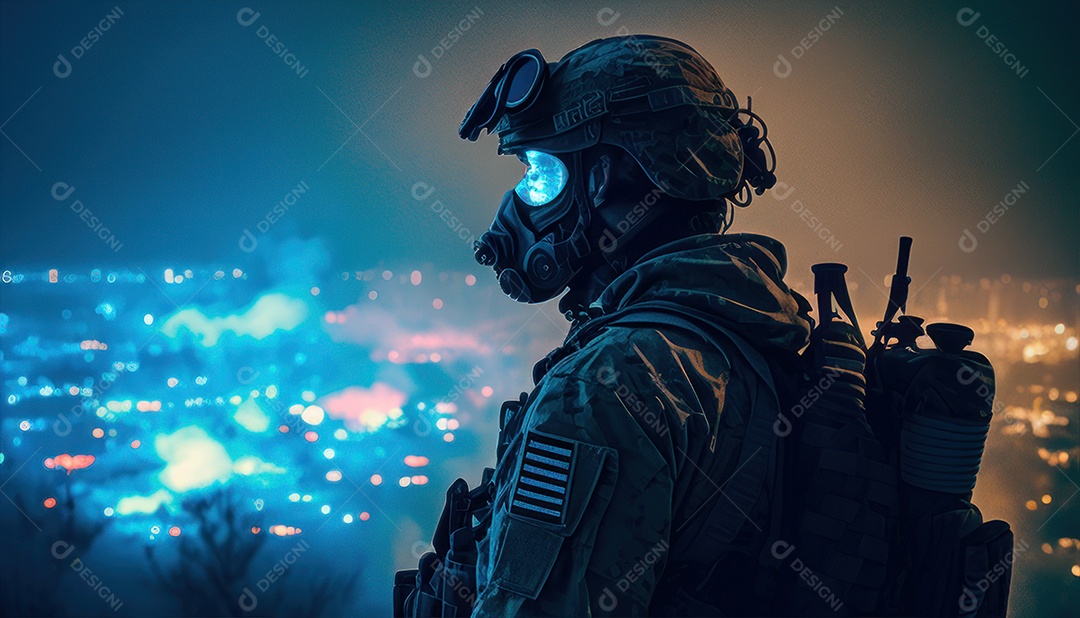 Jovem soldado usando máscara.