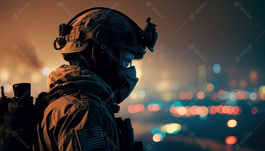 Jovem soldado usando máscara.