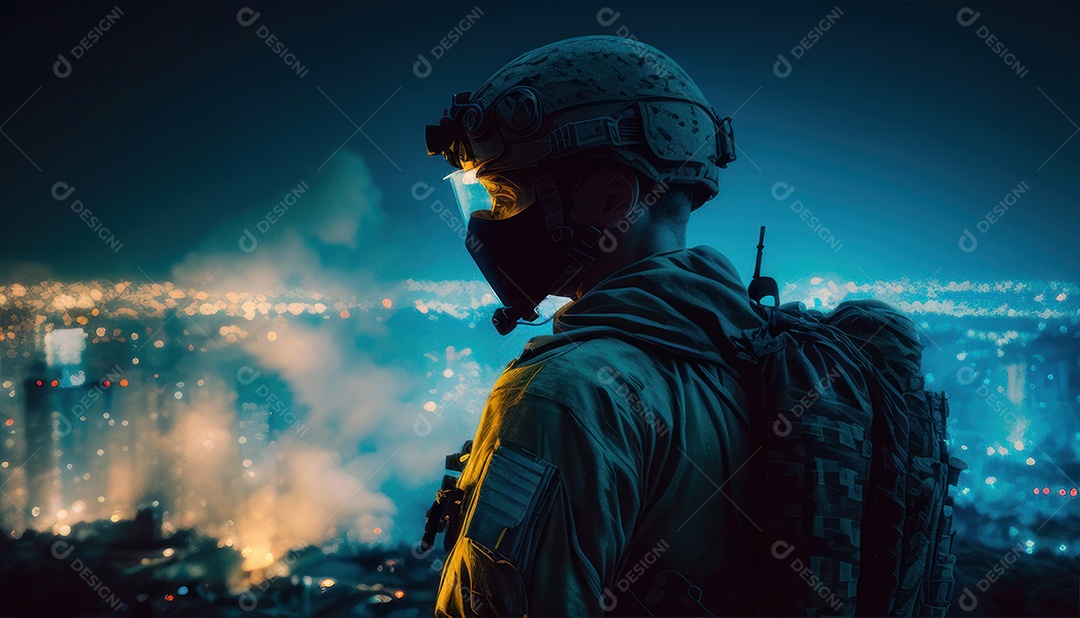 Jovem soldado usando máscara.