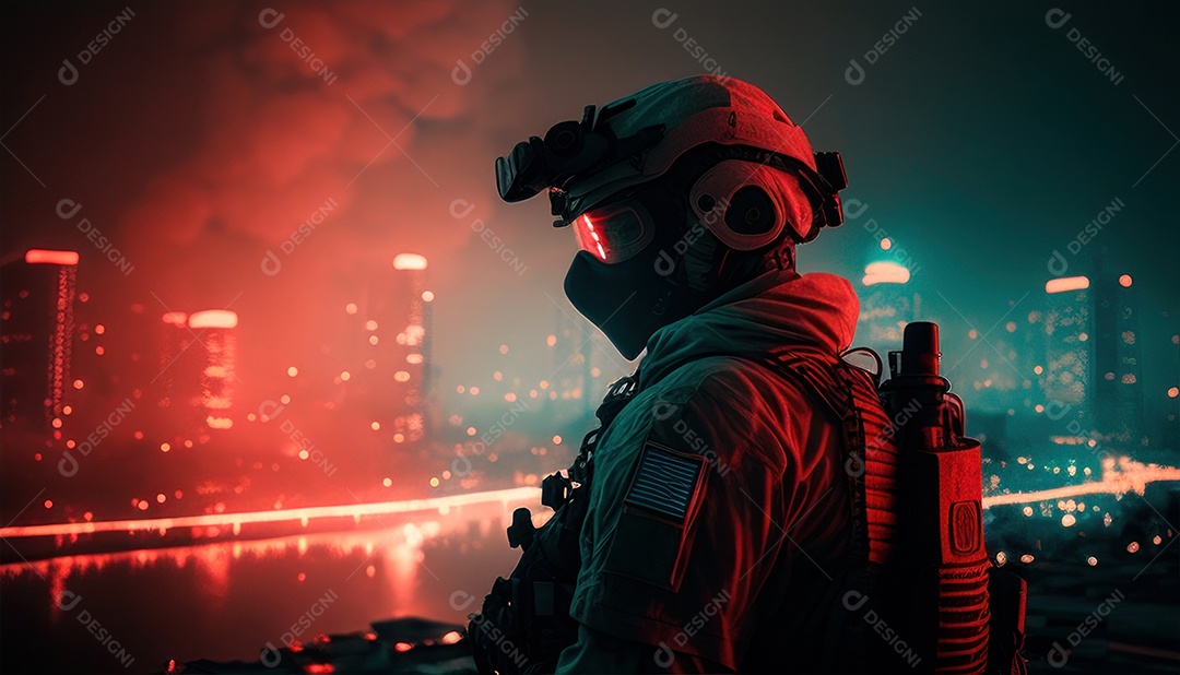 Jovem soldado usando máscara.