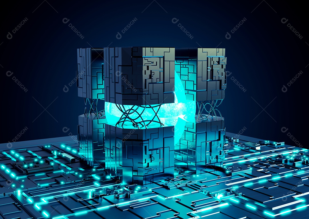 Fundo futurista da tecnologia das luzes de néon da placa-mãe. CPU de processadores de computador central AI e conceito de GPU. chip quântico. ilustração 3D