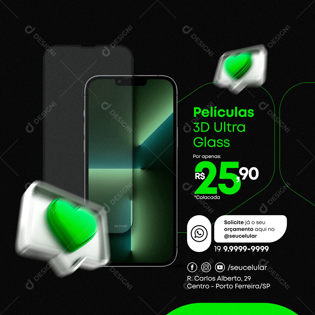 Películas 3D Ultra Glass Por Apenas 25,90 Assistência Técnica Social Media PSD Editável