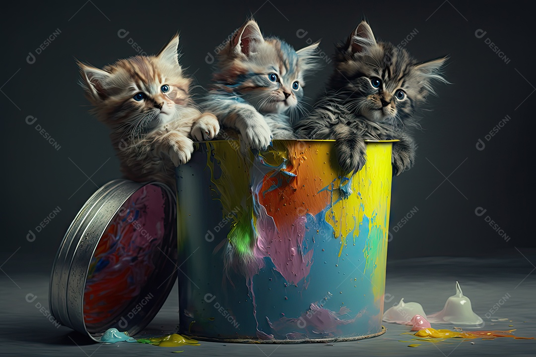 Gatinhos brincando dentro de um balde de tinta colorida