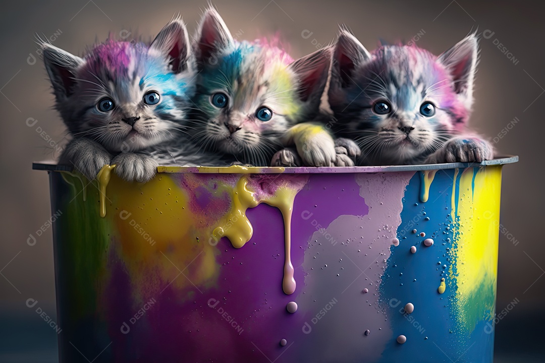 Gatinhos brincando dentro de um balde de tinta colorida