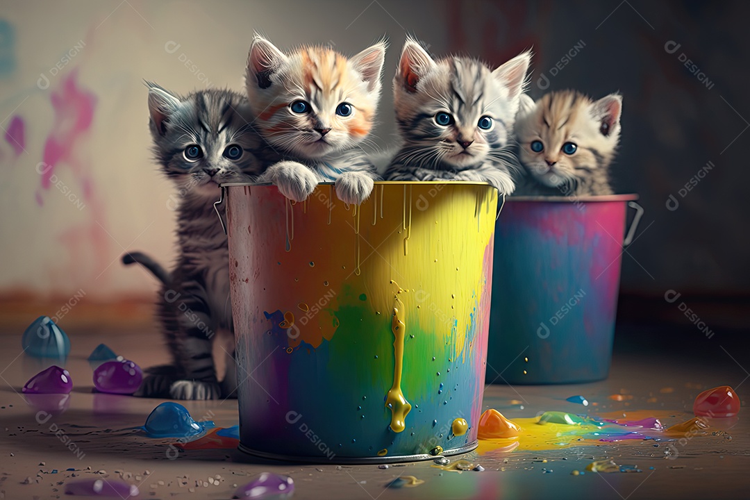 Gatinhos brincando dentro de um balde de tinta colorida