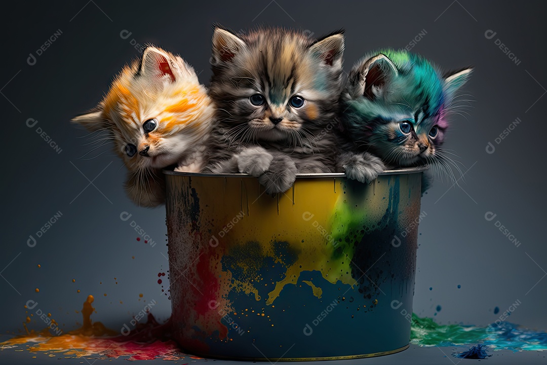 Gatinhos brincando dentro de um balde de tinta colorida
