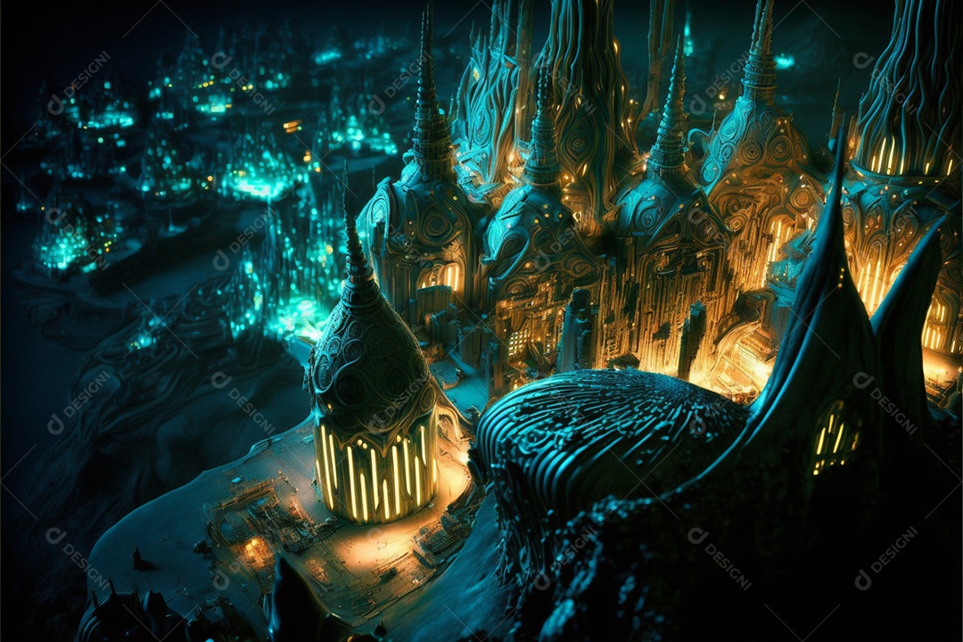 Paisagem urbana bioluminescente biomecânica