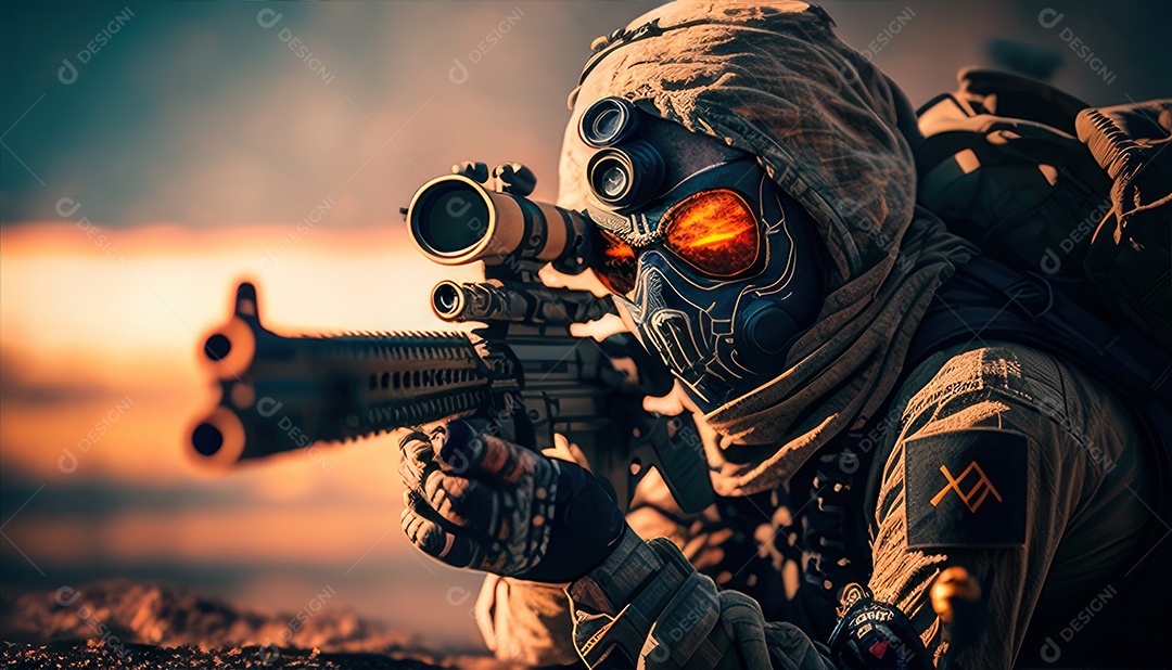 Jovem soldado usando máscara.