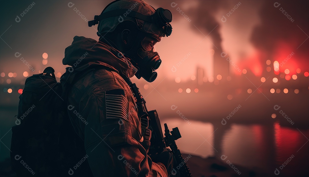 Jovem soldado usando máscara.