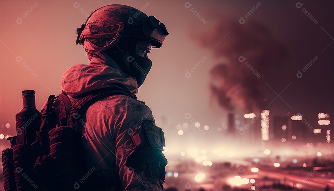 Jovem soldado usando máscara.