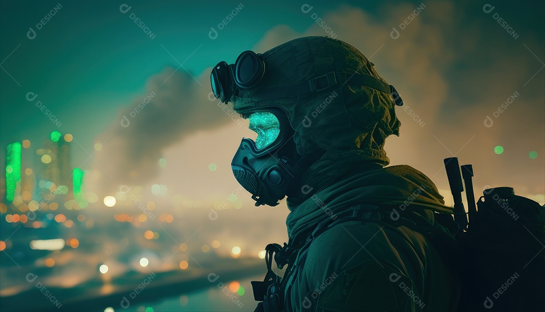 Jovem soldado usando máscara.