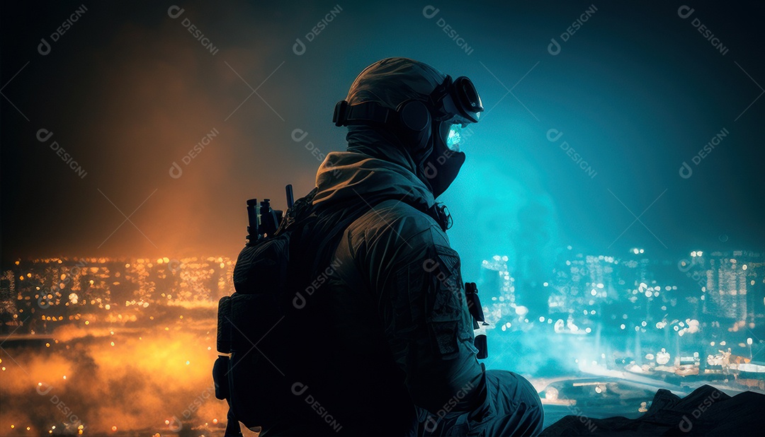 Jovem soldado usando máscara.