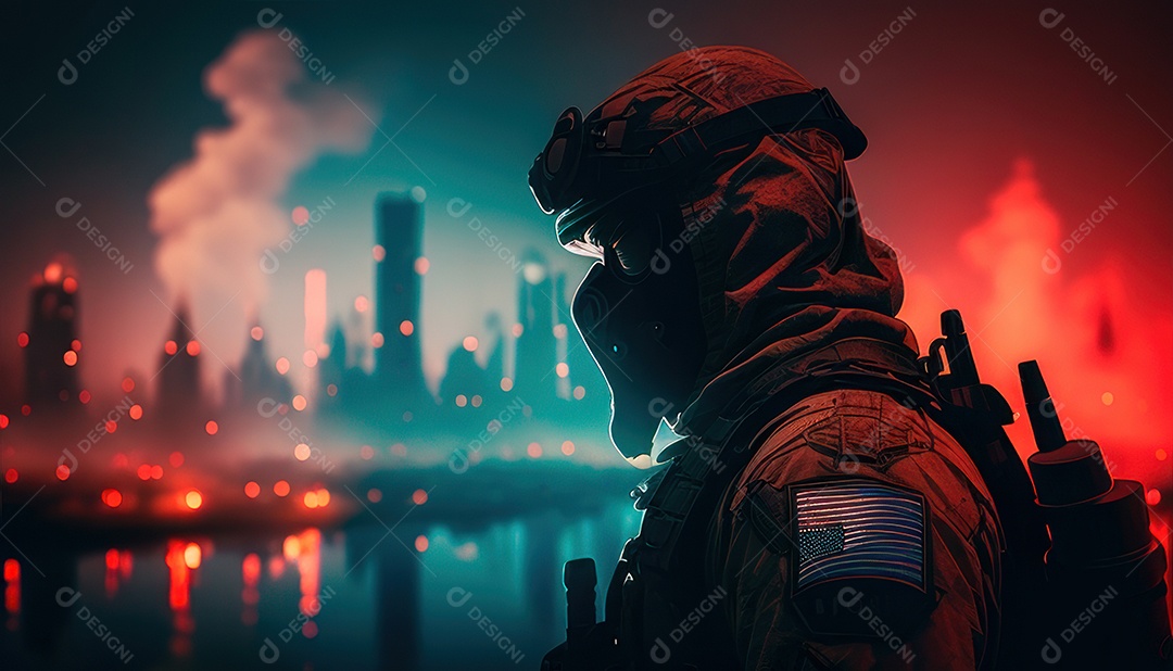 Jovem soldado usando máscara.