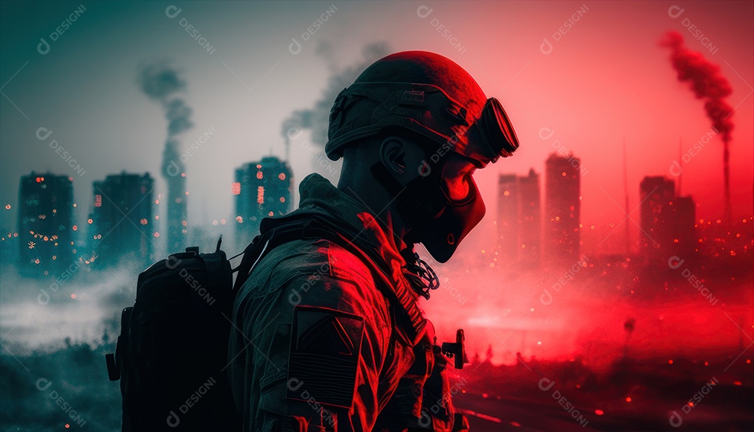 Jovem soldado usando máscara.