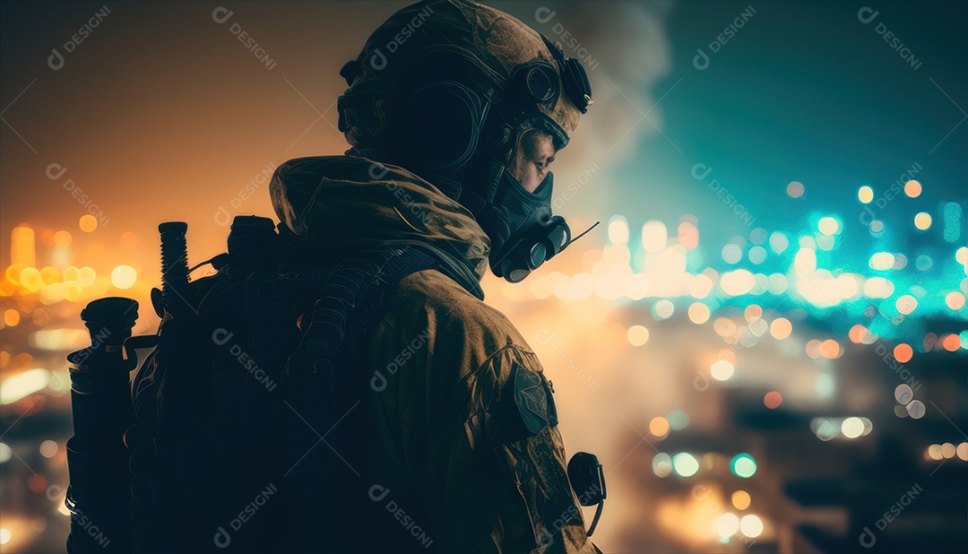 Jovem soldado usando máscara.