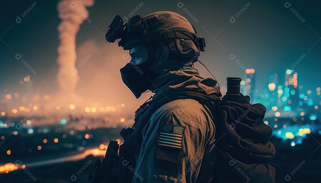 Jovem soldado usando máscara.