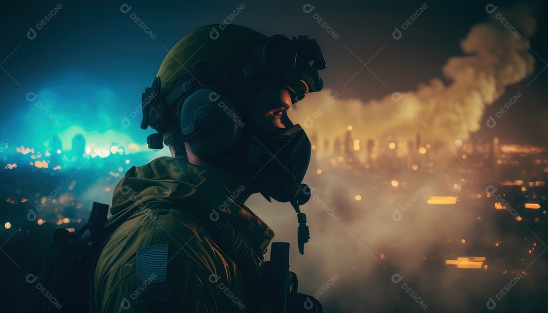 Jovem soldado usando máscara.