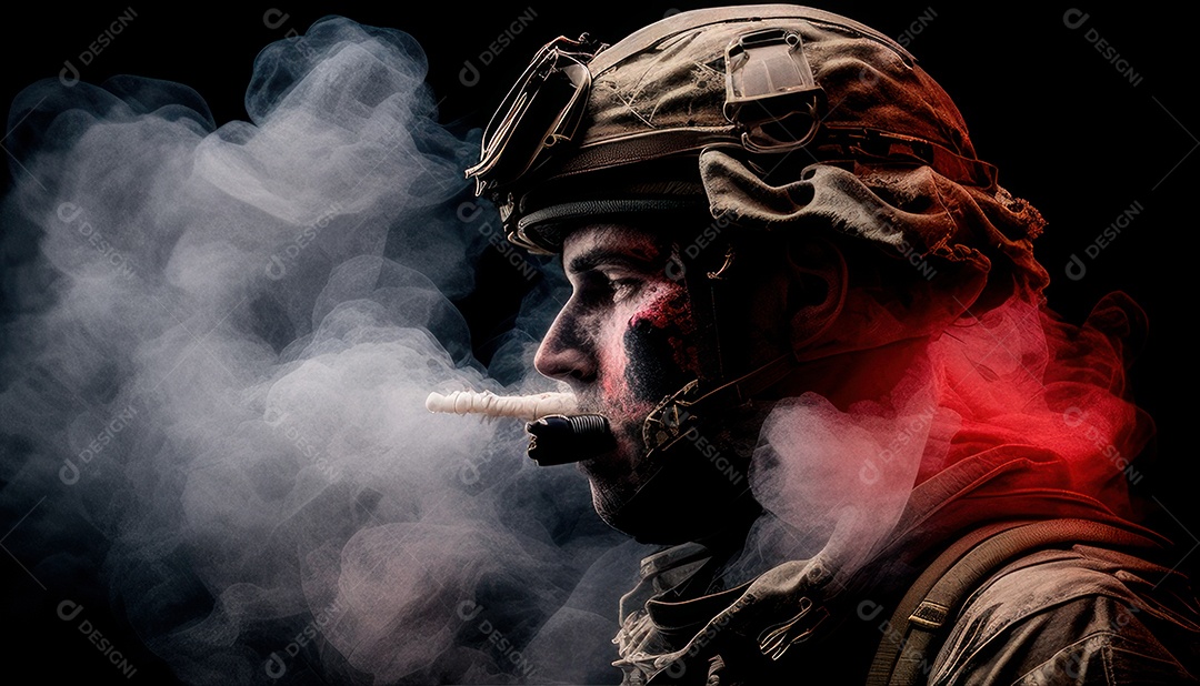 Jovem soldado usando máscara.