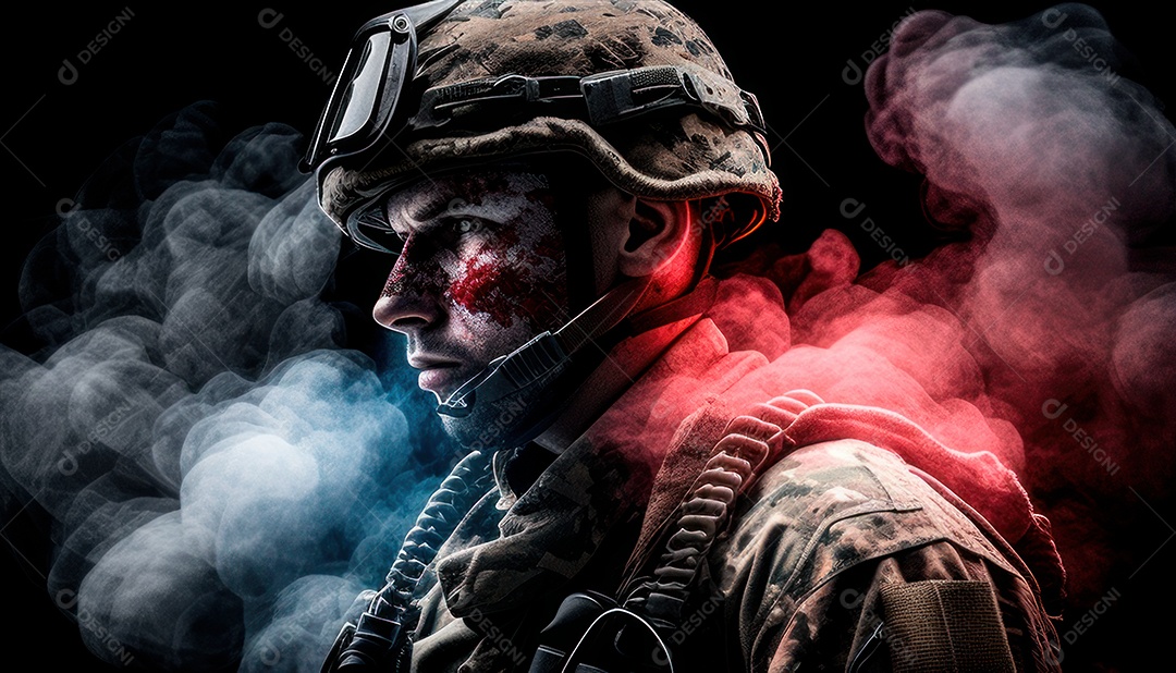 Jovem soldado usando máscara.