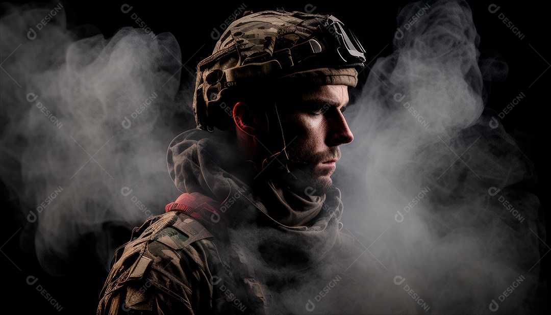 Jovem soldado usando máscara.