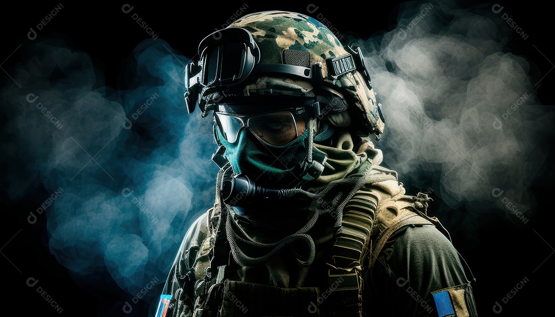 Jovem soldado usando máscara.