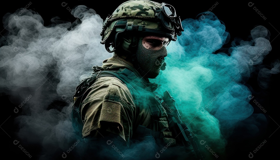 Jovem soldado usando máscara.