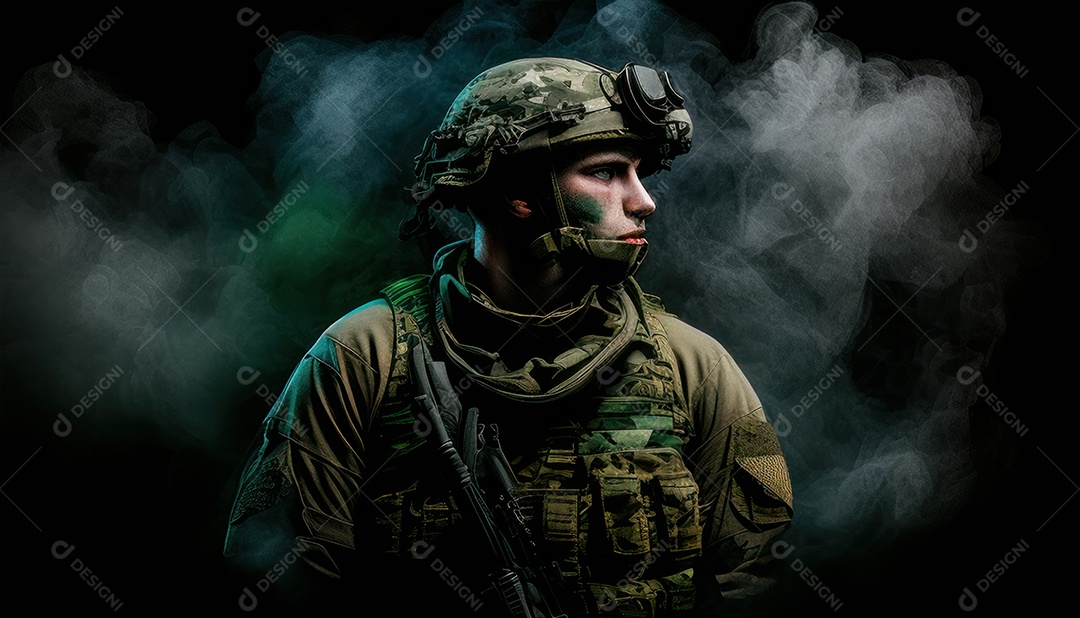 Jovem soldado usando máscara.