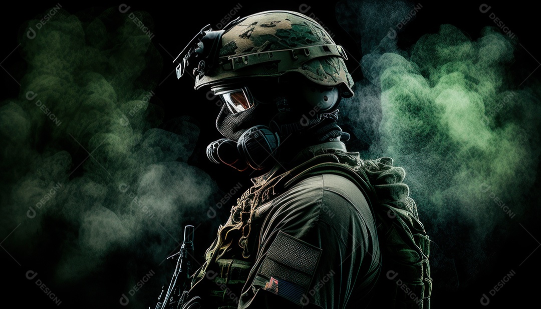 Jovem soldado usando máscara.