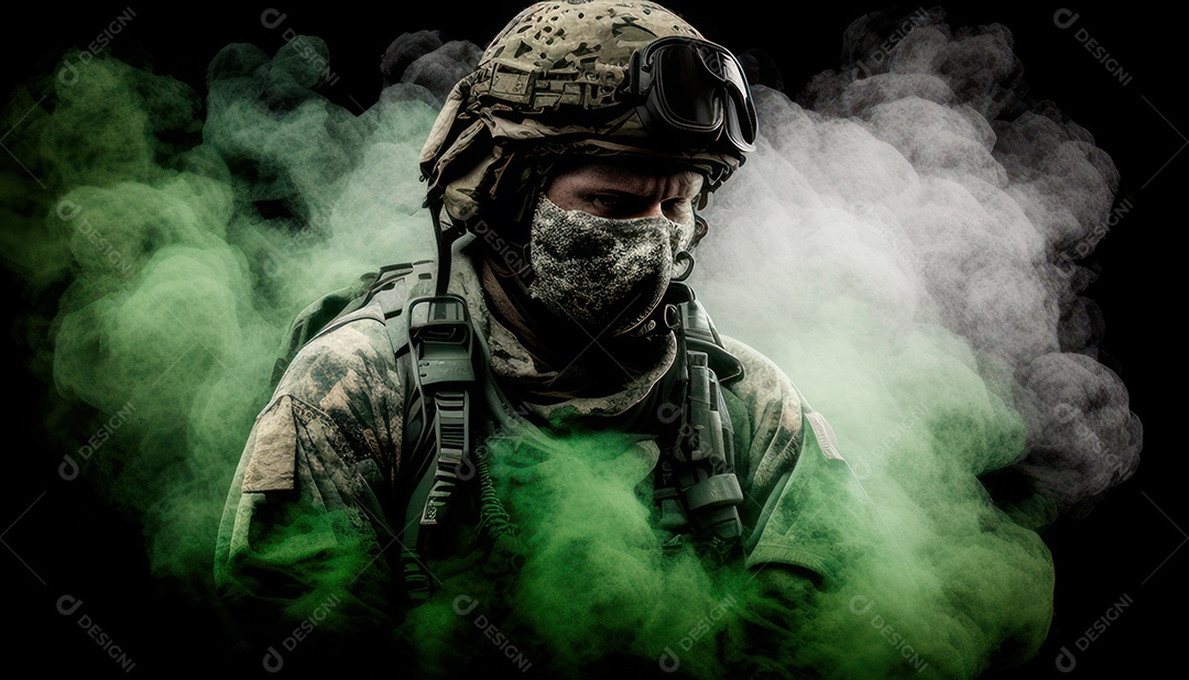 Jovem soldado usando máscara.