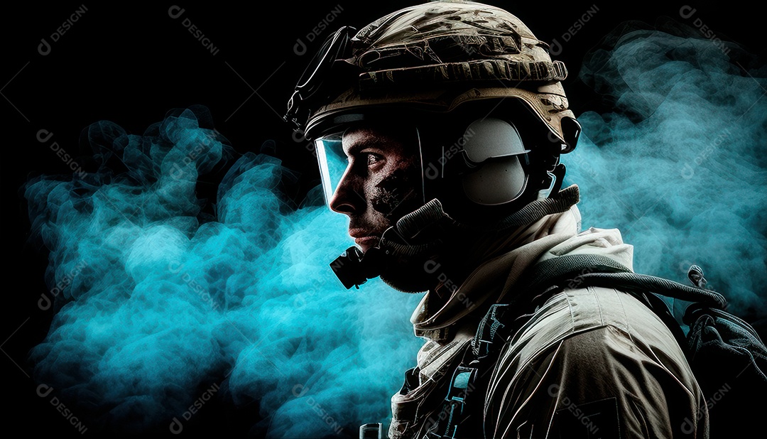 Jovem soldado usando máscara.