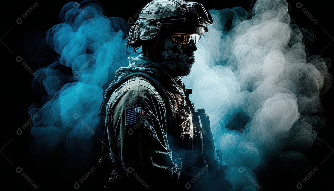 Jovem soldado usando máscara.