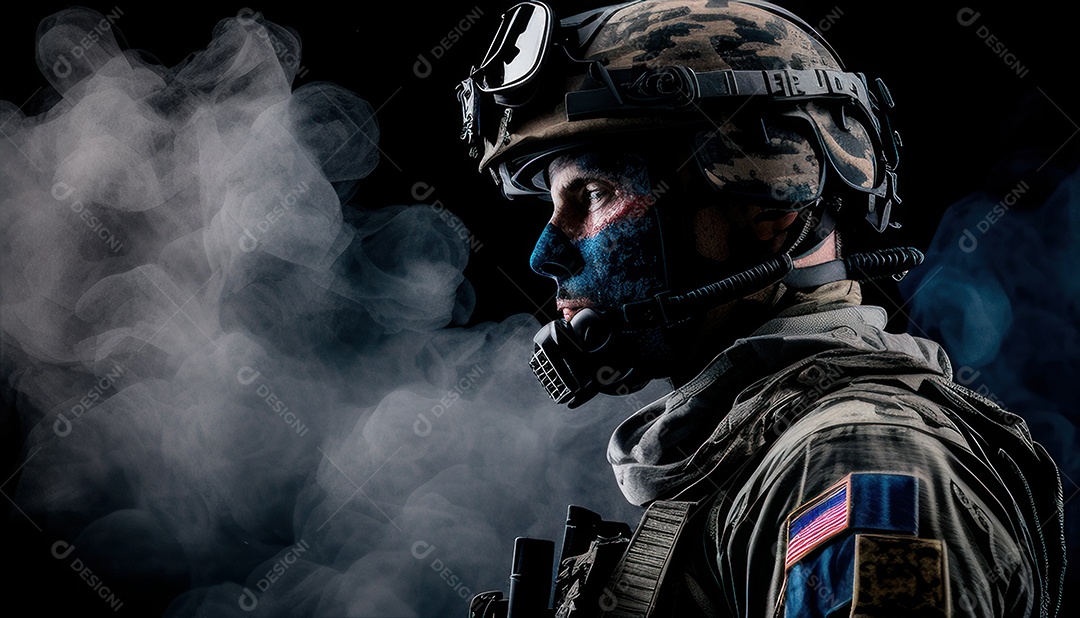 Jovem soldado usando máscara.