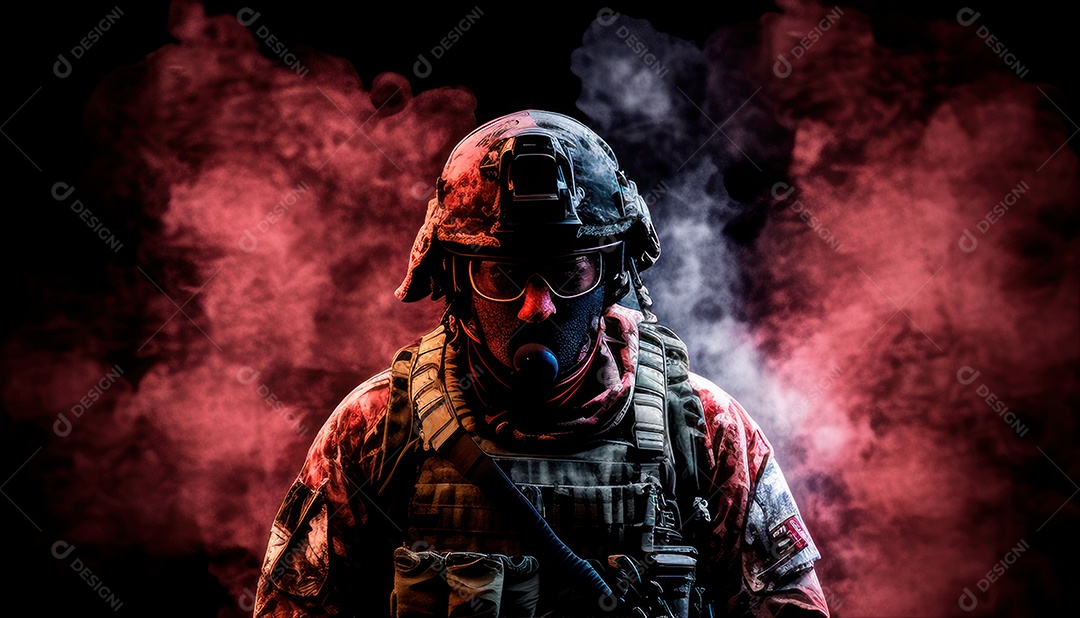 Jovem soldado usando máscara.